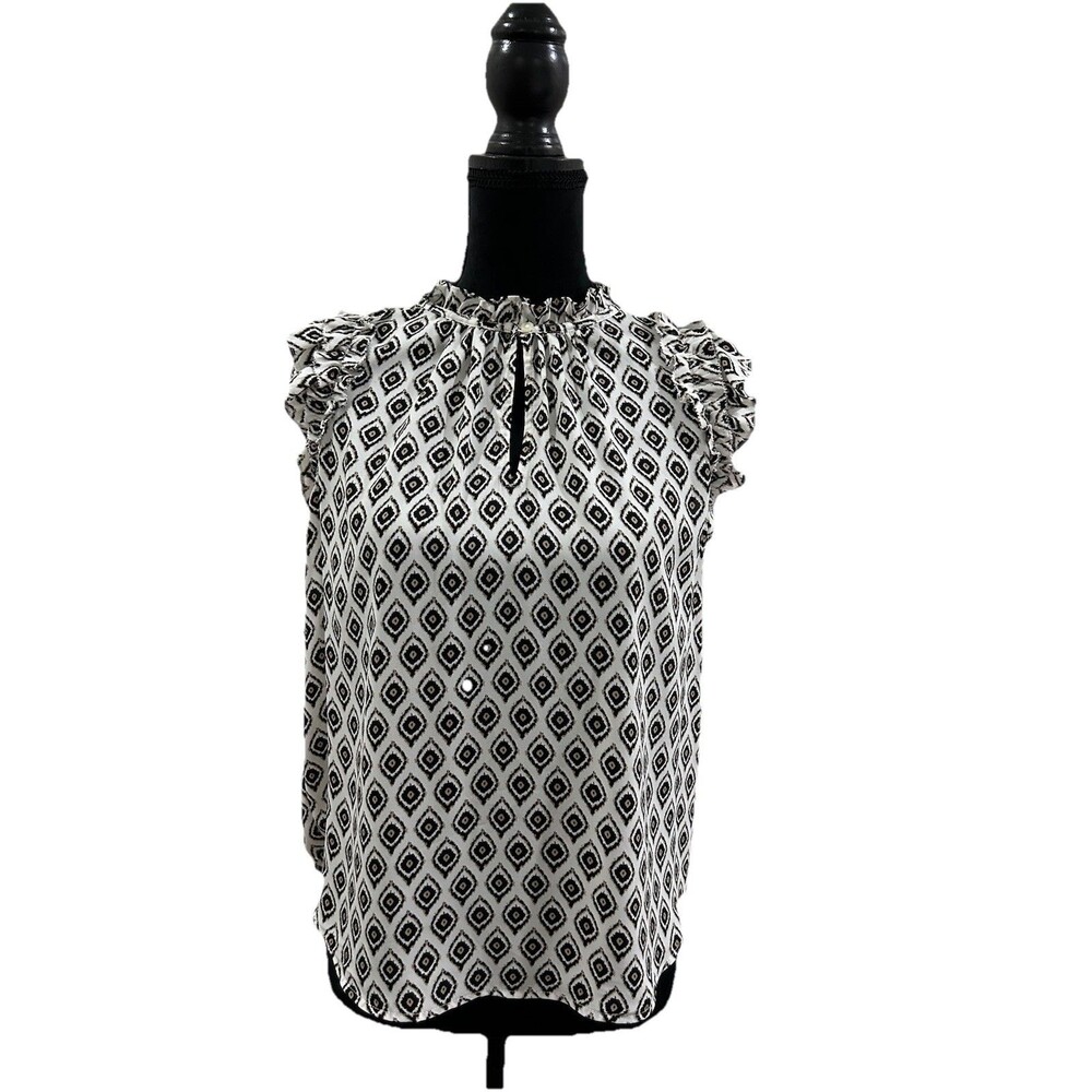 LOFT Womens Small Top Ruffle Neck Sleeveless White With Black Tan Prints Button